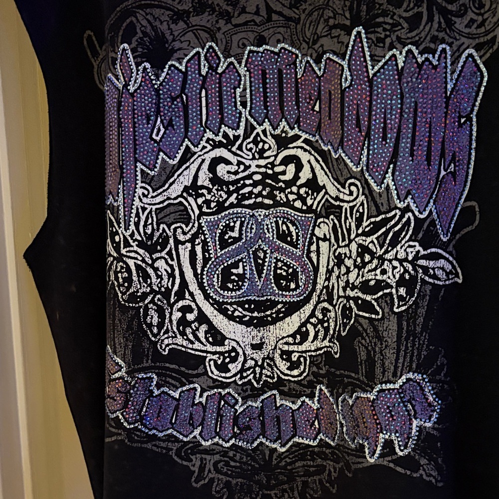 Embellished Black Graphic Tank with Purple Rhinestone Detailing
